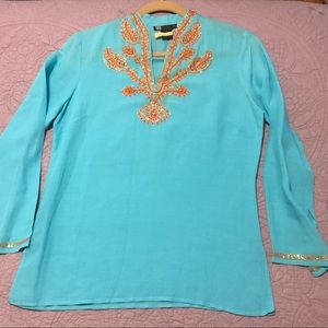 CAROLE LITTLE Turquoise/Orange Linen Blend Tunic